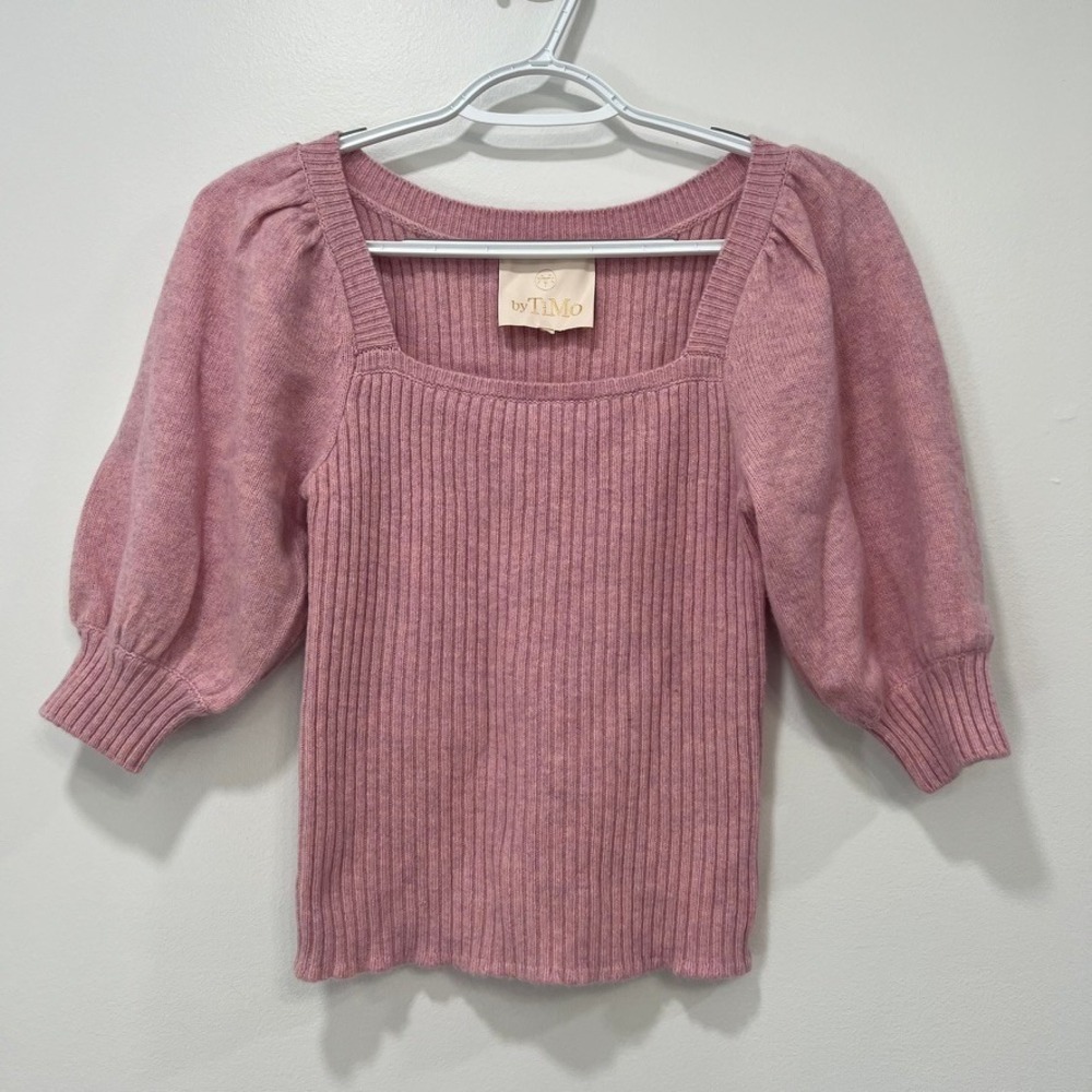 By Timo‎ Womens Top Merino Wool XS Pink Ribbed Stretch Puff Sleeve Soft Sweater